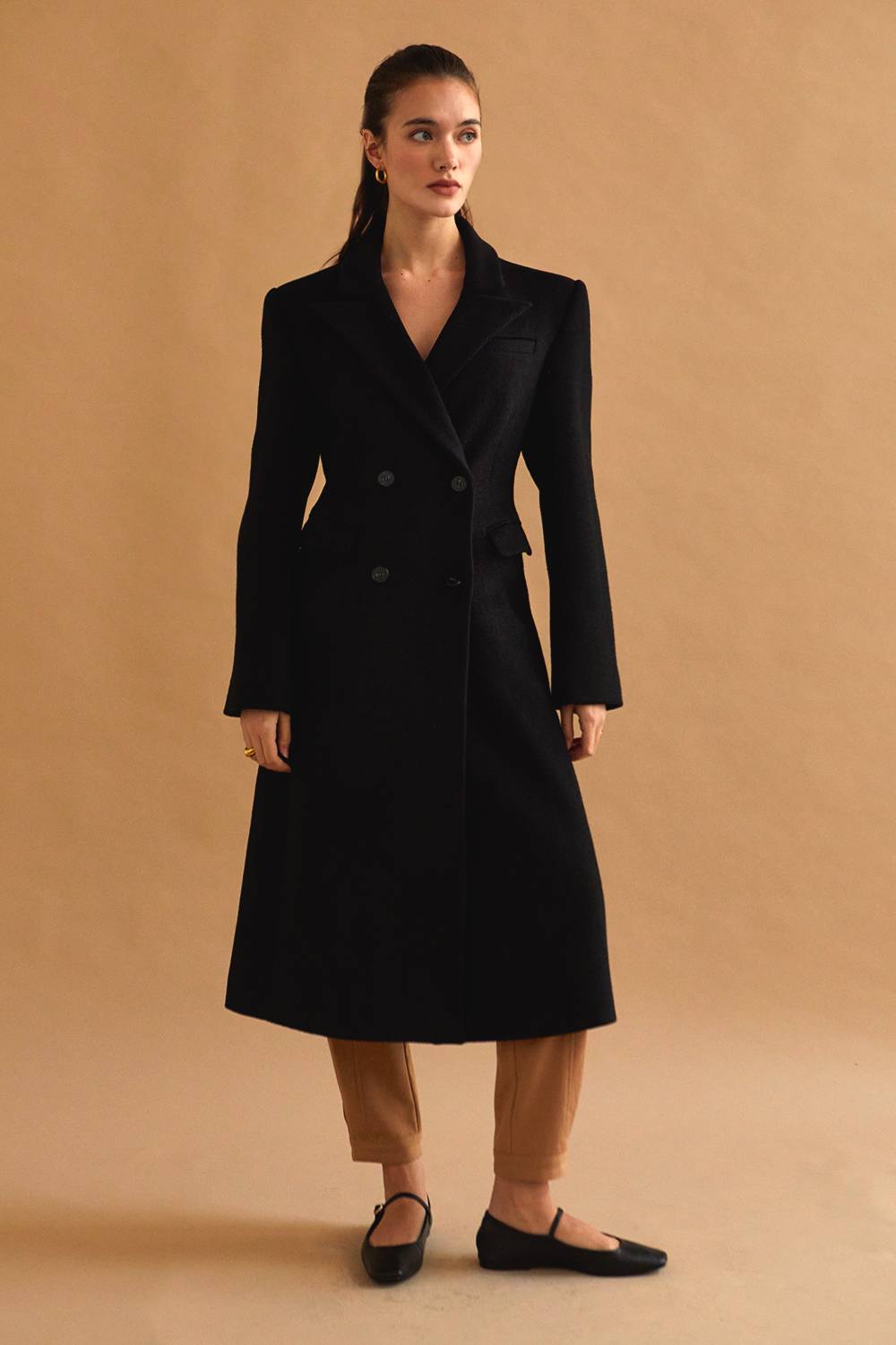 BLACK WOOL FALL DOUBLE BREASTED COAT