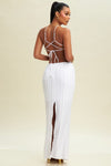 WHITE LONG DRESS WITH CUT OUT FRONT AND OPEN TIE BACK