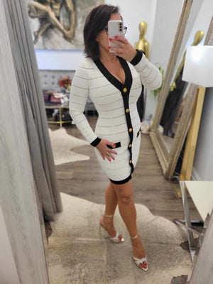 WHITE AND BLACK BANDAGE DRESS WITH GOLD BUTTONS