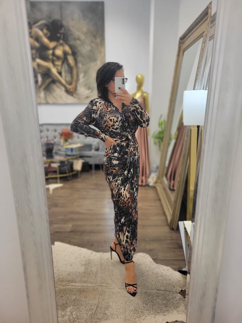 MULTICOLOR ANIMAL PRINT MIDI DRESS WITH FRONT RUSHING