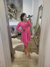 CLEARANCE - FUCHSIA PINK SUMMER FIT AND FLAIR DRESS WITHA FLOWER