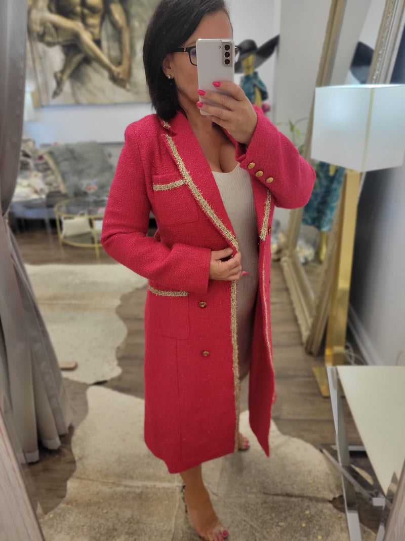 FUCHSIA PINK AND GOLD TWEED COAT WITH A BELT