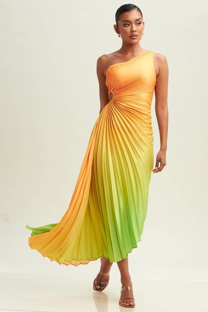 ORANGE MULTI ASYMMETRIC PLEATED  DRESS