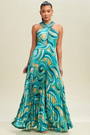 TEAL MULTI PLEATED MAXI DRESS WITH OPEN BACK