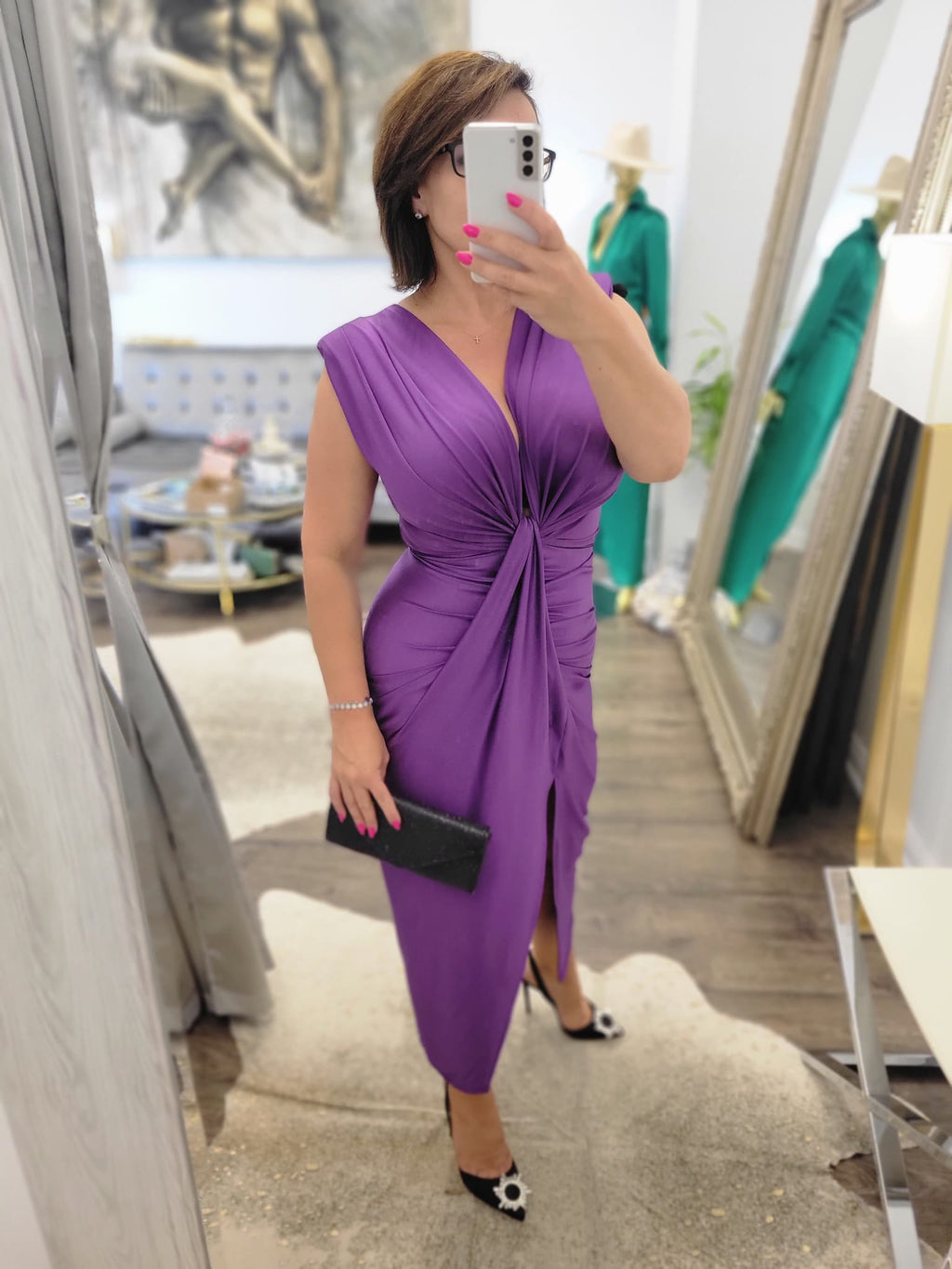 PRUPLE MIDI DRESS WITH FRONT RUSHING