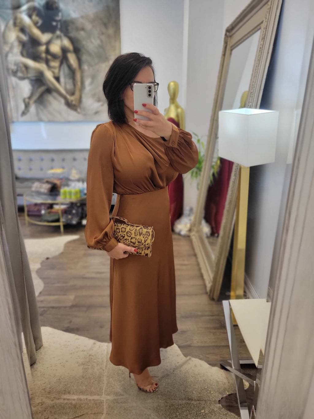 COPPER SILKY MIDI ASYMMETRIC DRESS WITH ONE SHOULDER DOWN