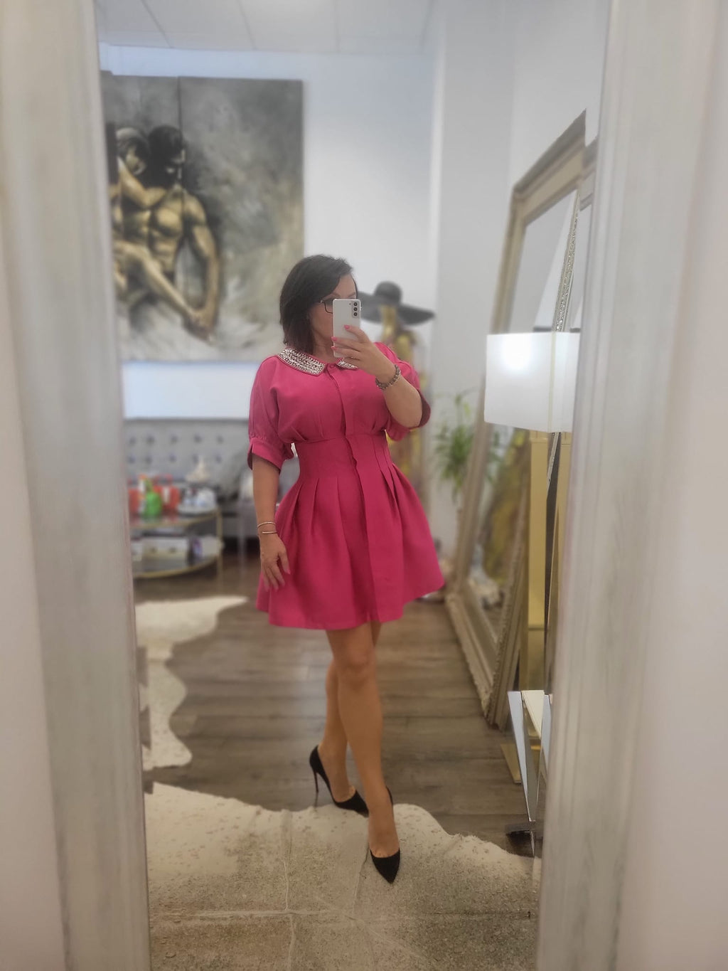 FUCHSIA PINK MINI FIT AND FLAIR DRESS WITH DIAMOND DETAIL