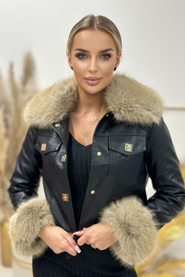 FAUX LEATHER JACKET WITH DETACHABLE FAUX FUR