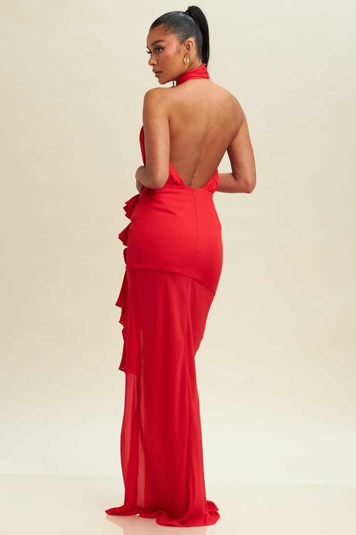 CLEARANCE  RED LONG HALTER STYLE DRESS WITH FLOWERS AND OPEN BACK