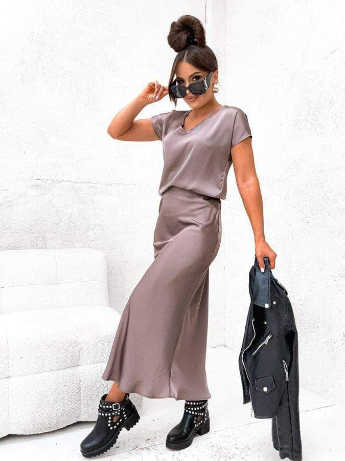 TAUPE SILKY SET OF MIDI SKIRT AND A TOP