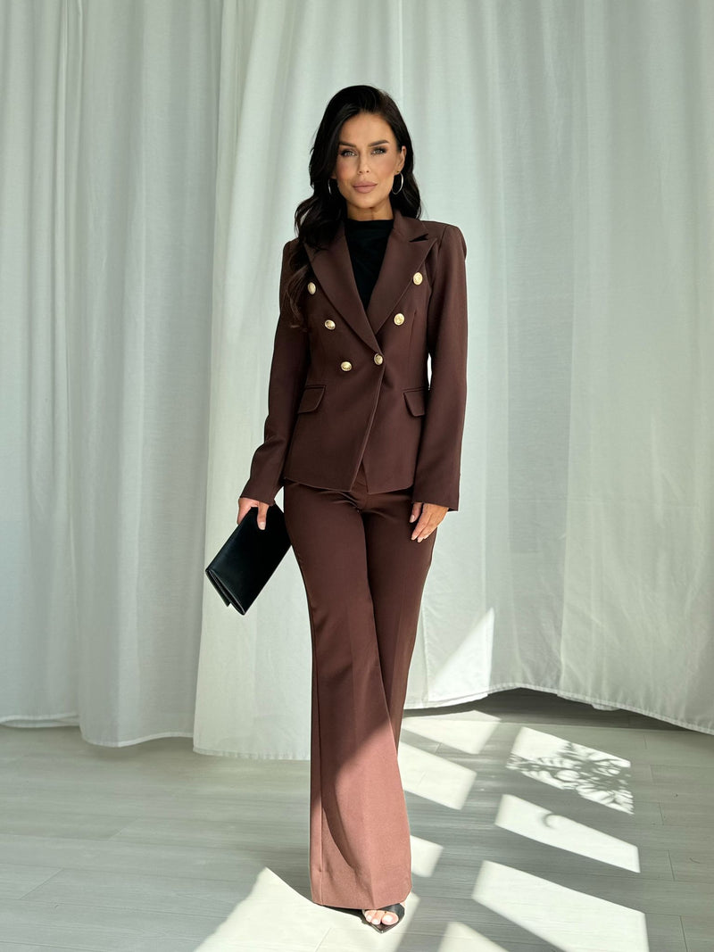 CHOCOLATE BROWN SUIT WITH FLAIR PANTS AND DOUBLE BREASTED BLAZER