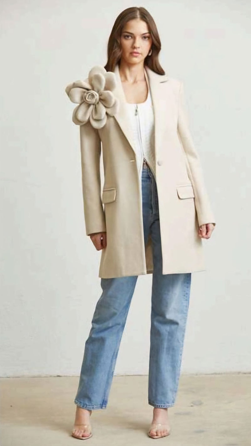 LIGHT BEIGE SPRING COAT WITH A FLOWER