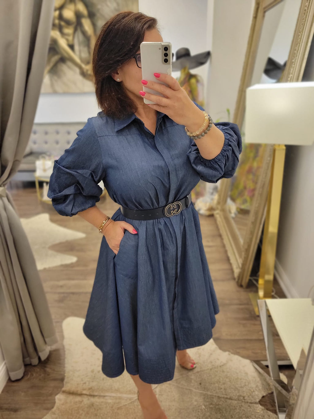 DARK DENIM FIT AND FLAIR DRESS WITH SIDE POCKETS