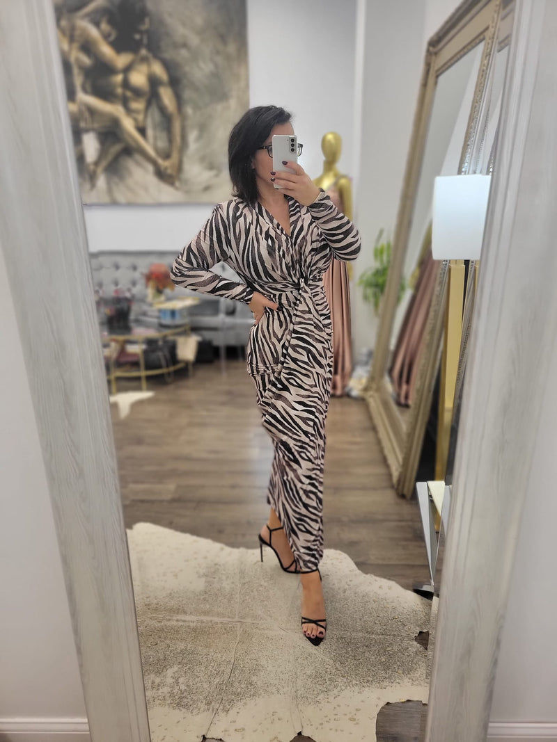 ZEBRA PRINT MIDI DRESS WITH FRONT RUSHING