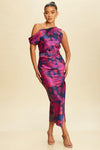 FUCHSIA NAD NAVY MULTI SILKY MIDI DRESS WITH A BELT