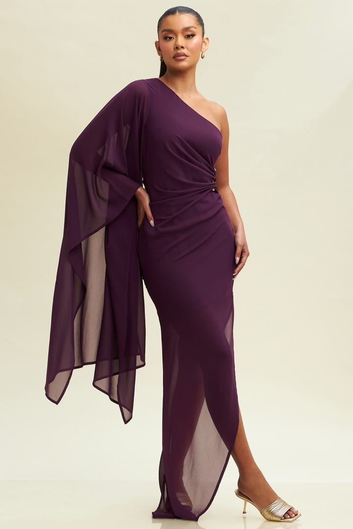 PLUM ASYMMETRIC SUMMER DRESS WITH SIDE RUSHING