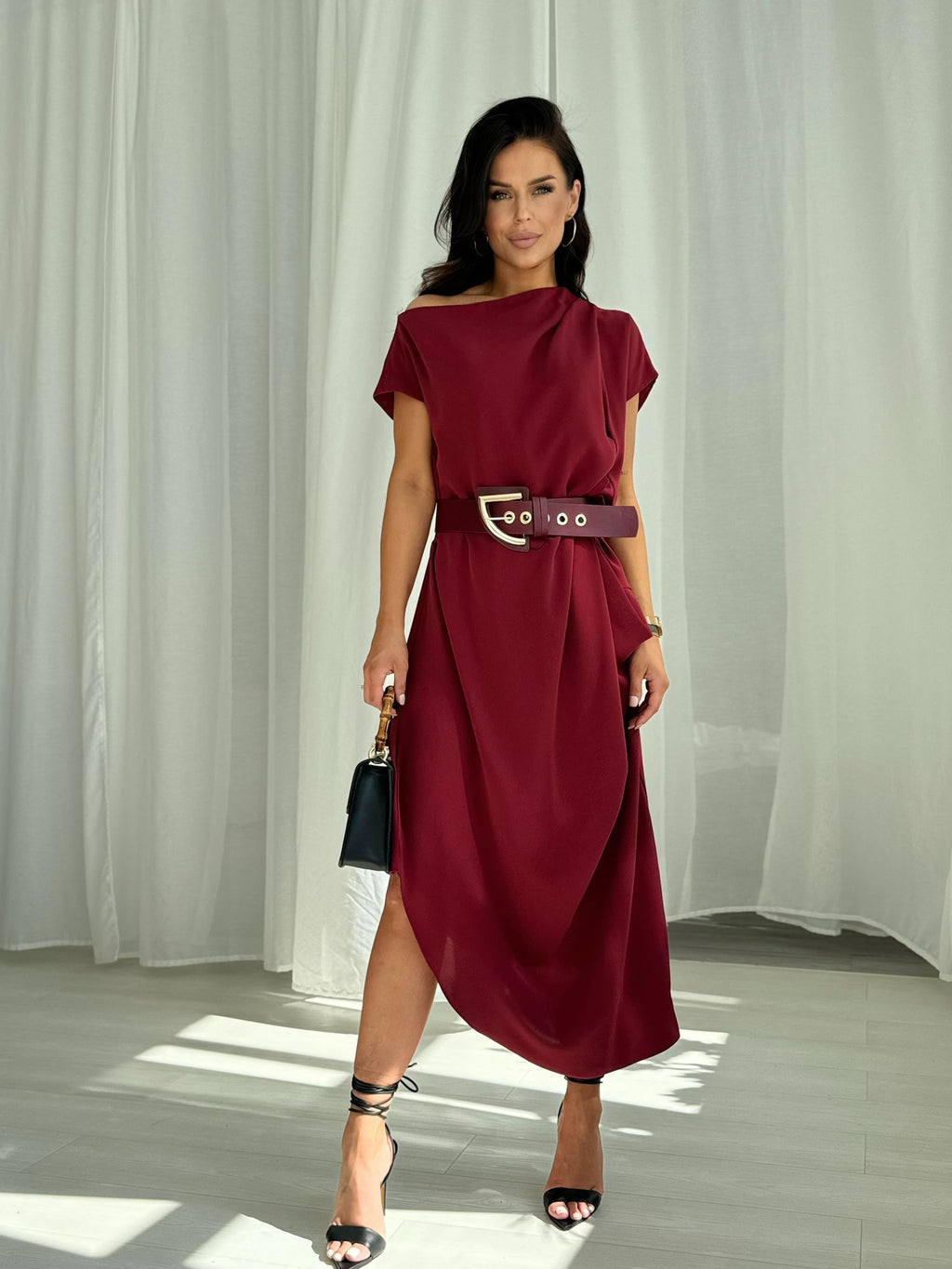 CLEARANCE - BURGUNDY ASYMMETRIC MIDI DRESS WITH A BELT