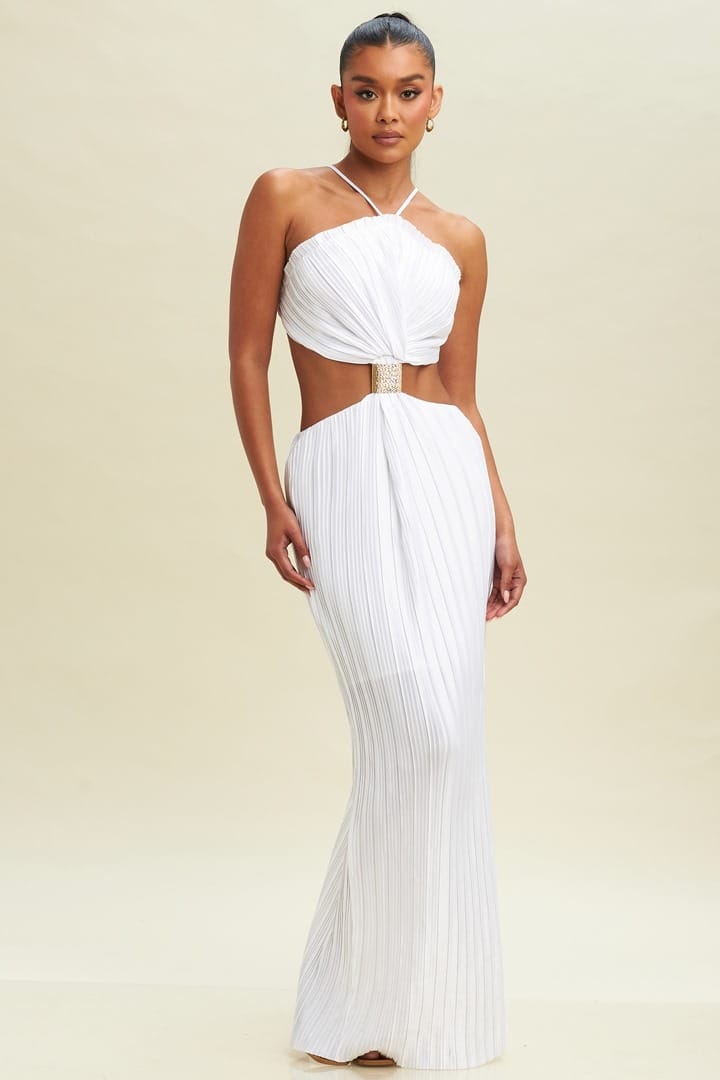 WHITE LONG DRESS WITH CUT OUT FRONT AND OPEN TIE BACK