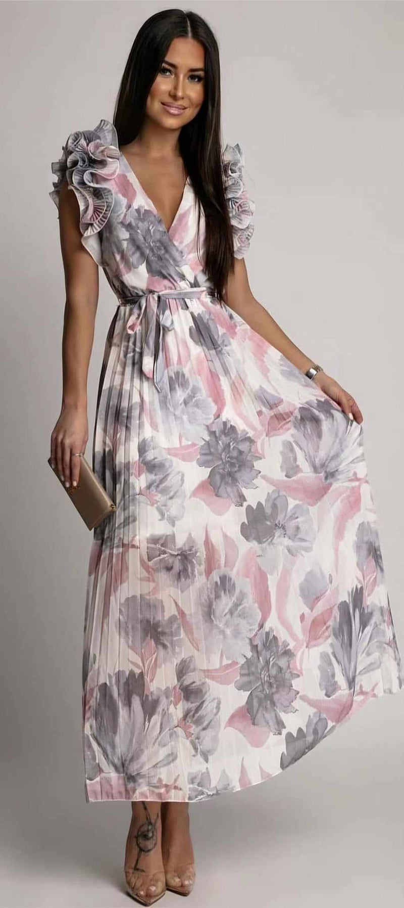 BLUSH PINK AND GREY FLOWER PLEATED MAXI DRESS