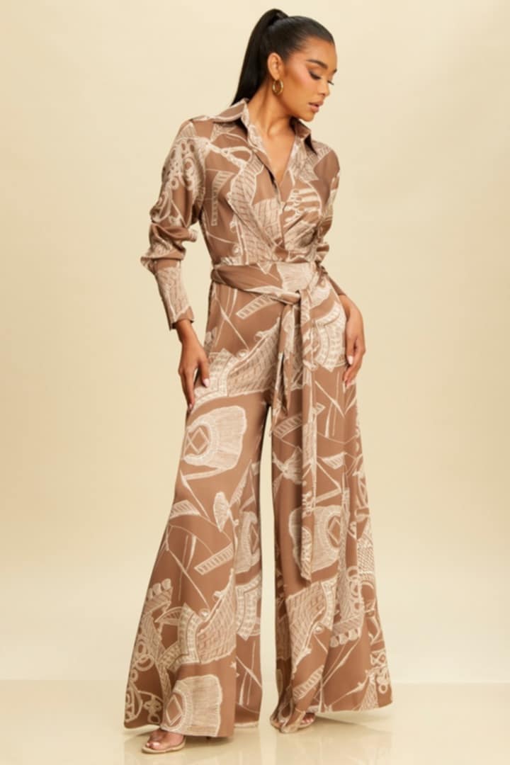 TAUPE SUMMER JUMPSUIT WITH FLAIR BOTTOM