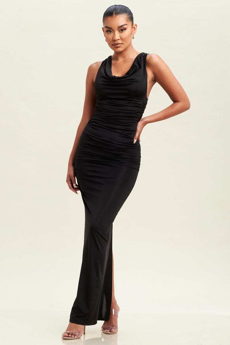 CLEARANCE - BLACK SIMPLE LONG DRESS WITH OPEN TIE BACK