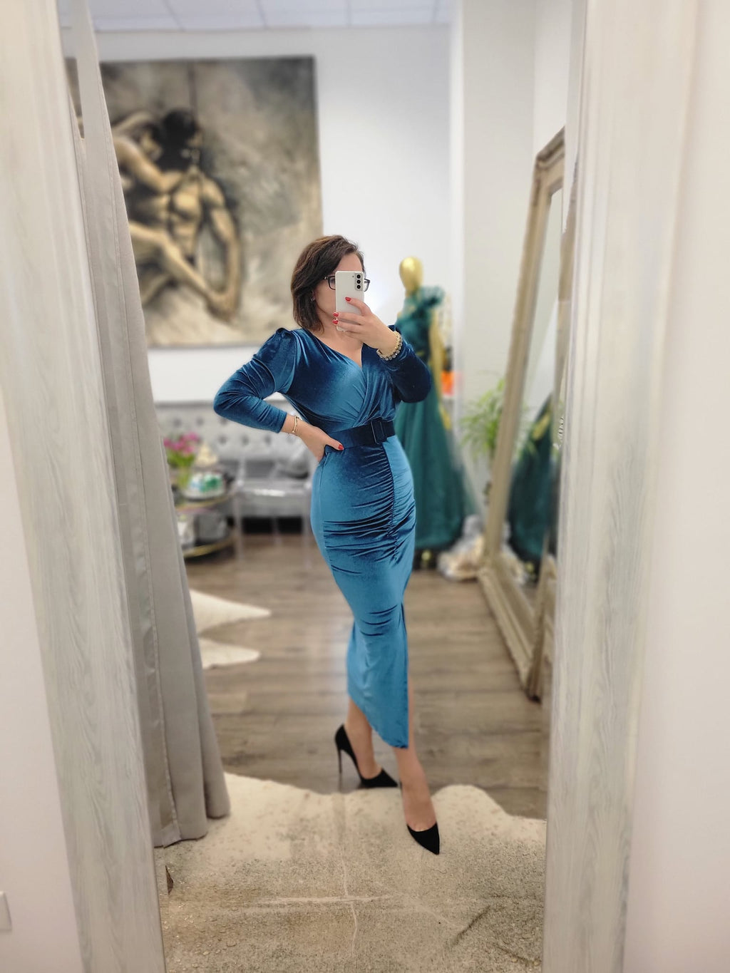 CLEARANCE - TEAL COLOR VELVET MIDI DRESS WITH A BELT