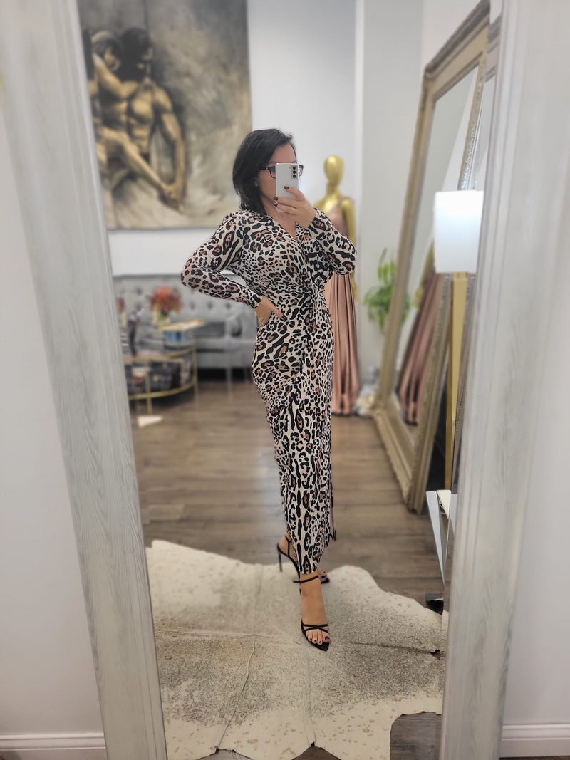 CHEETAH MIDI DRESS WITH FRONT RUSHING