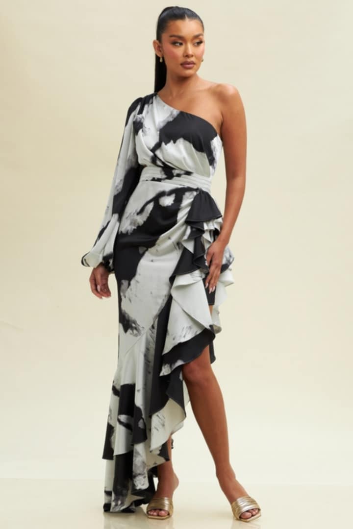 BLACK AND GREY HIGH AND LOW SUMMER DRESS WITH RUFFLES