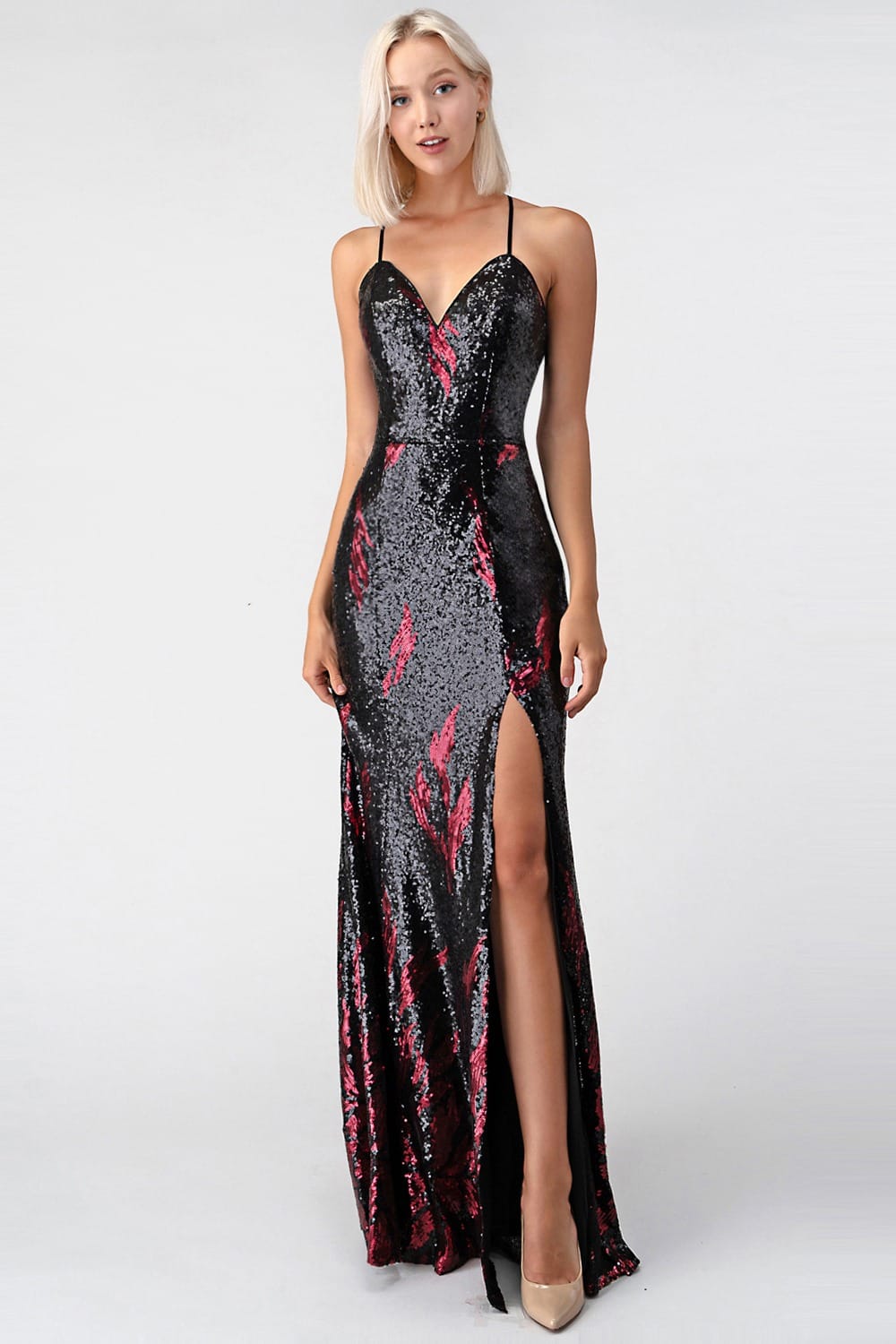 BLACK SEQUIN LONG EVENING DRESS WITH RED FLOWERS