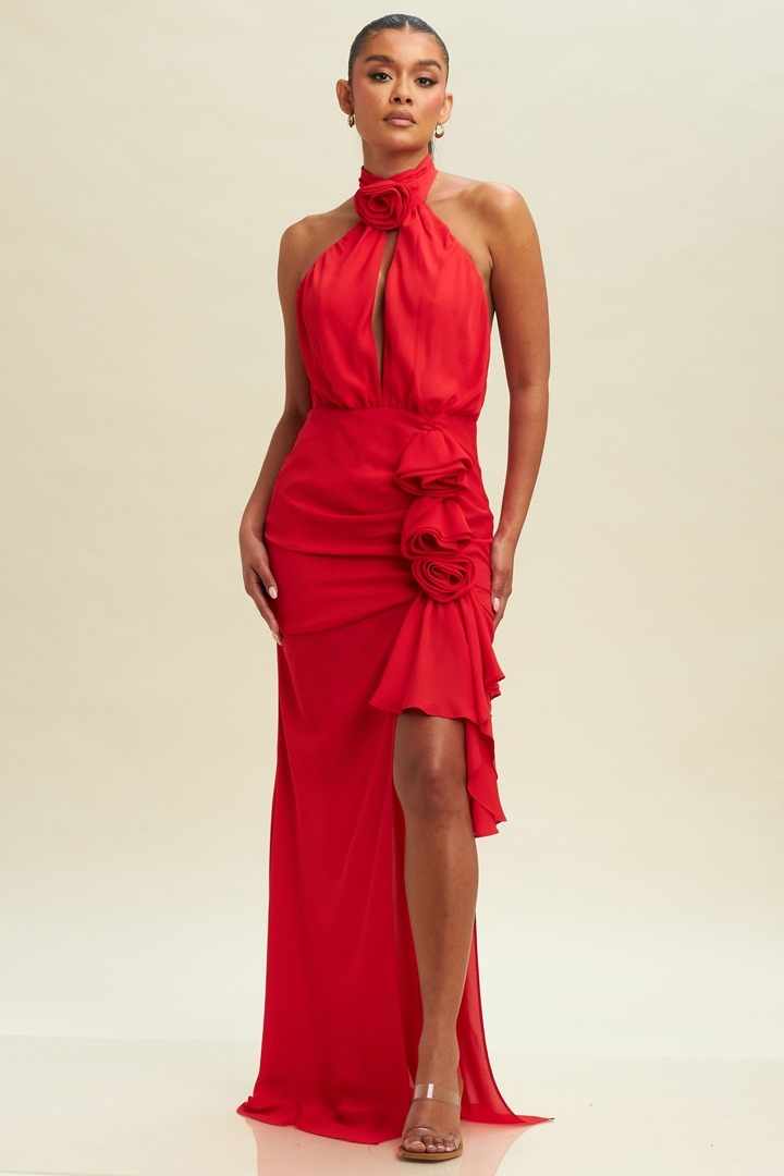 CLEARANCE  RED LONG HALTER STYLE DRESS WITH FLOWERS AND OPEN BACK