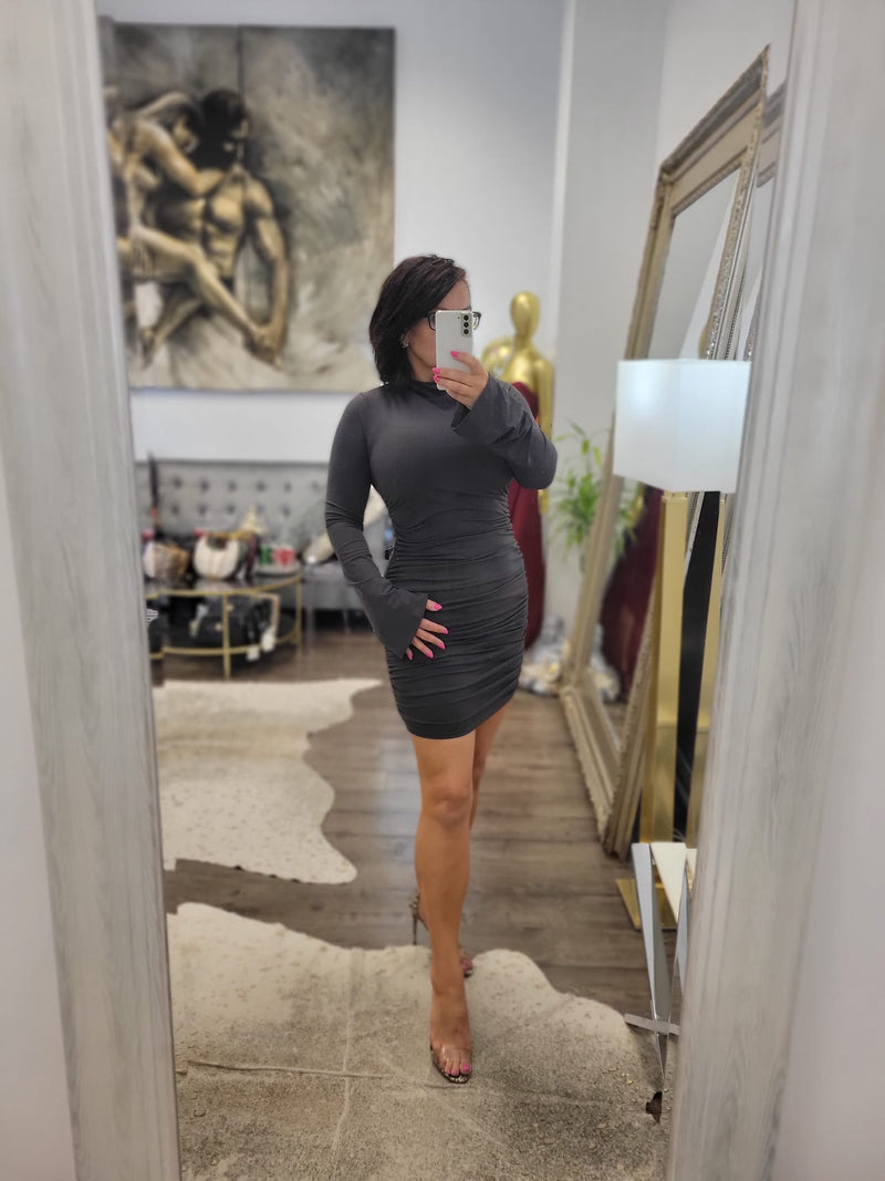 CHARCOAL GREY MINI DRESS WITH RUSHING