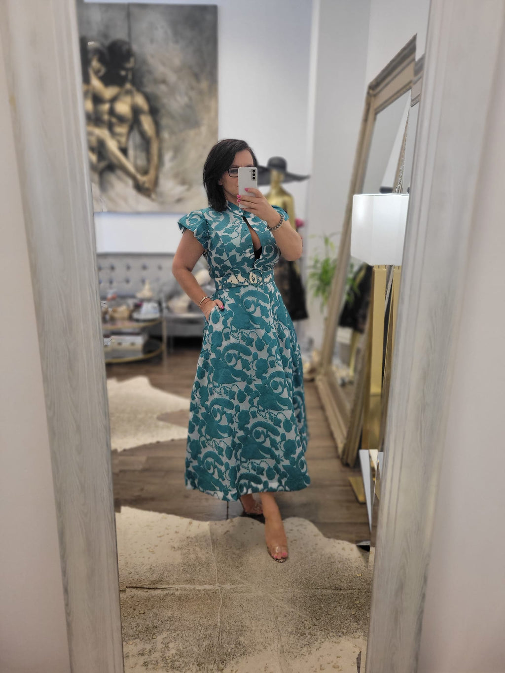 TEAL AND WHITE FIT AND FLAIR MIDI DRESS WITH A BELT