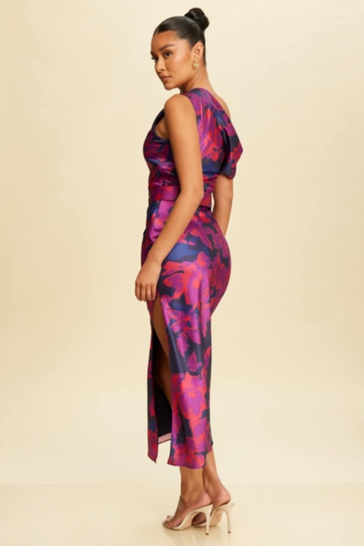 FUCHSIA NAD NAVY MULTI SILKY MIDI DRESS WITH A BELT