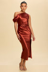 RUST SILKY MIDI DRESS WITH SIDE SLIT AND A BELT