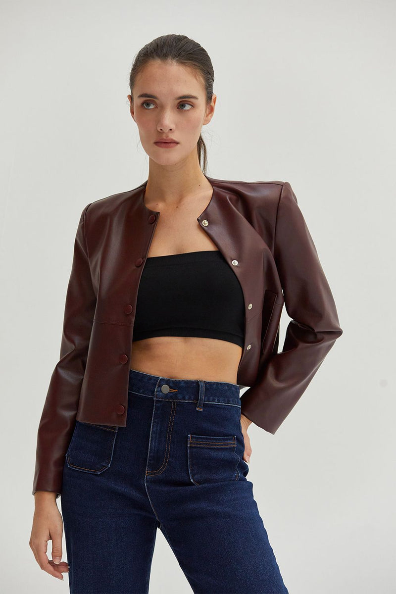 BURGUNDY FAUX LEATHER CROPPED BLAZER