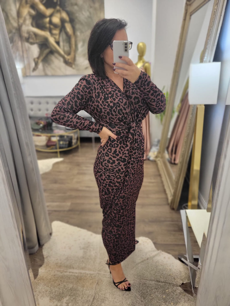 BROWN AND BLACK ANIMAL CHEETAH PRINT MIDI DRESS WITH FRONT RUSHING