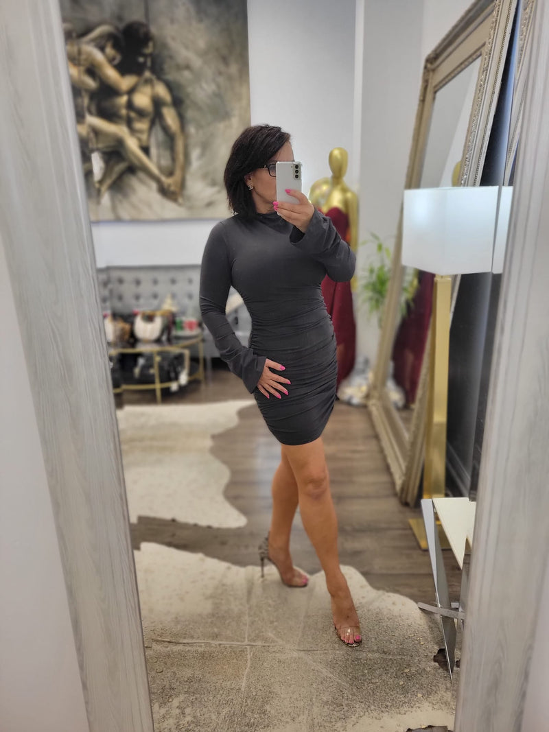 CHARCOAL GREY MINI DRESS WITH RUSHING