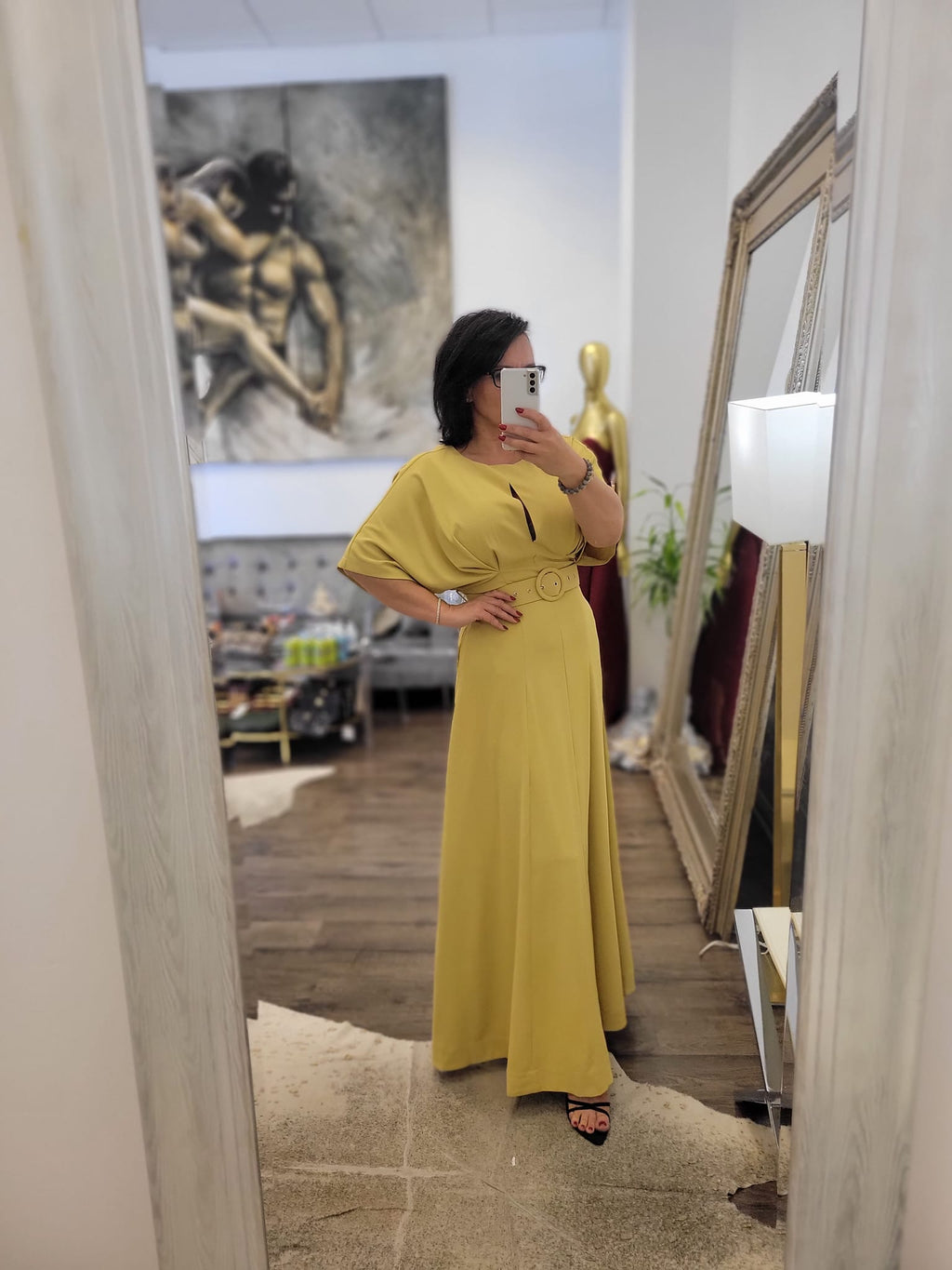 MUSTARD LONG DRESS WITH A BELT AND SIDE POCKETS