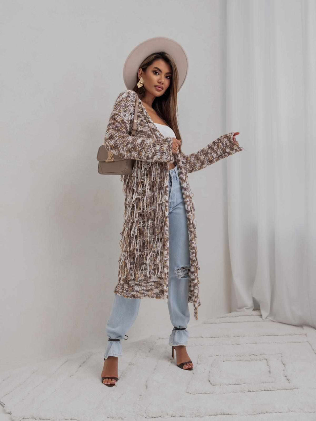 BROWN  AND BEIGE OMBRE LONG OPEN CARDIGAN