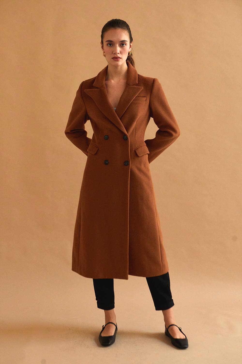 DARK CARAMEL FITTED MIDI DOUBLE BREASTED FALL COAT