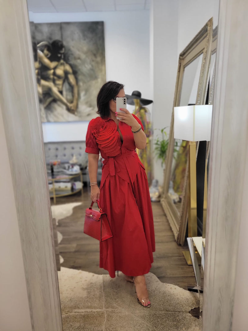 RED COTTON MIDI FIT AND FLAIR DRESS WITH A FLOWER AND A BELT