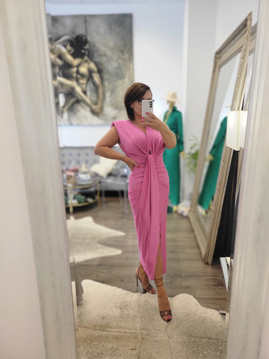 PINK MIDI DRESS WITH FRONT RUSHING