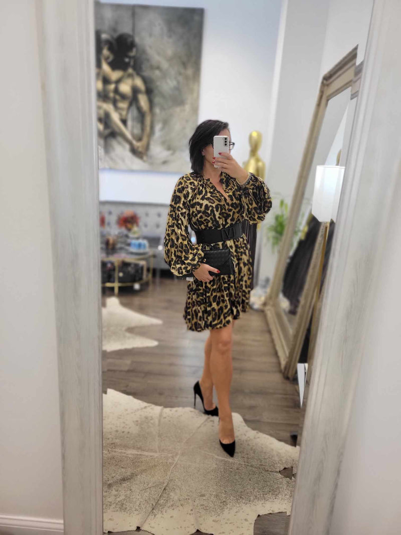 CHEETAH PRINT SILKY PLEATED TUNIC DRESS