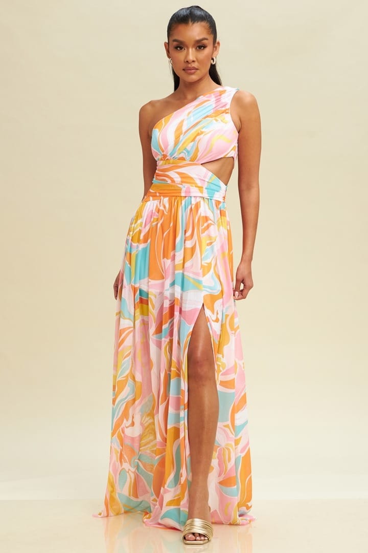 PINK MULTI LONG MAXI SUMMER DRESS WITH SIDE CUT OUT