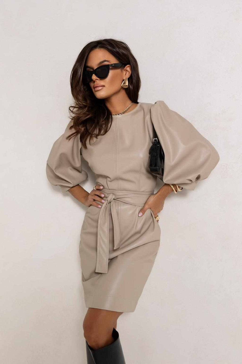 VANILLA FAUX LEATHER DRESS WITH THE STATEMENT SLEEVES AND A BELT