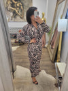 ZEBRA PRINT MIDI DRESS WITH FRONT RUSHING