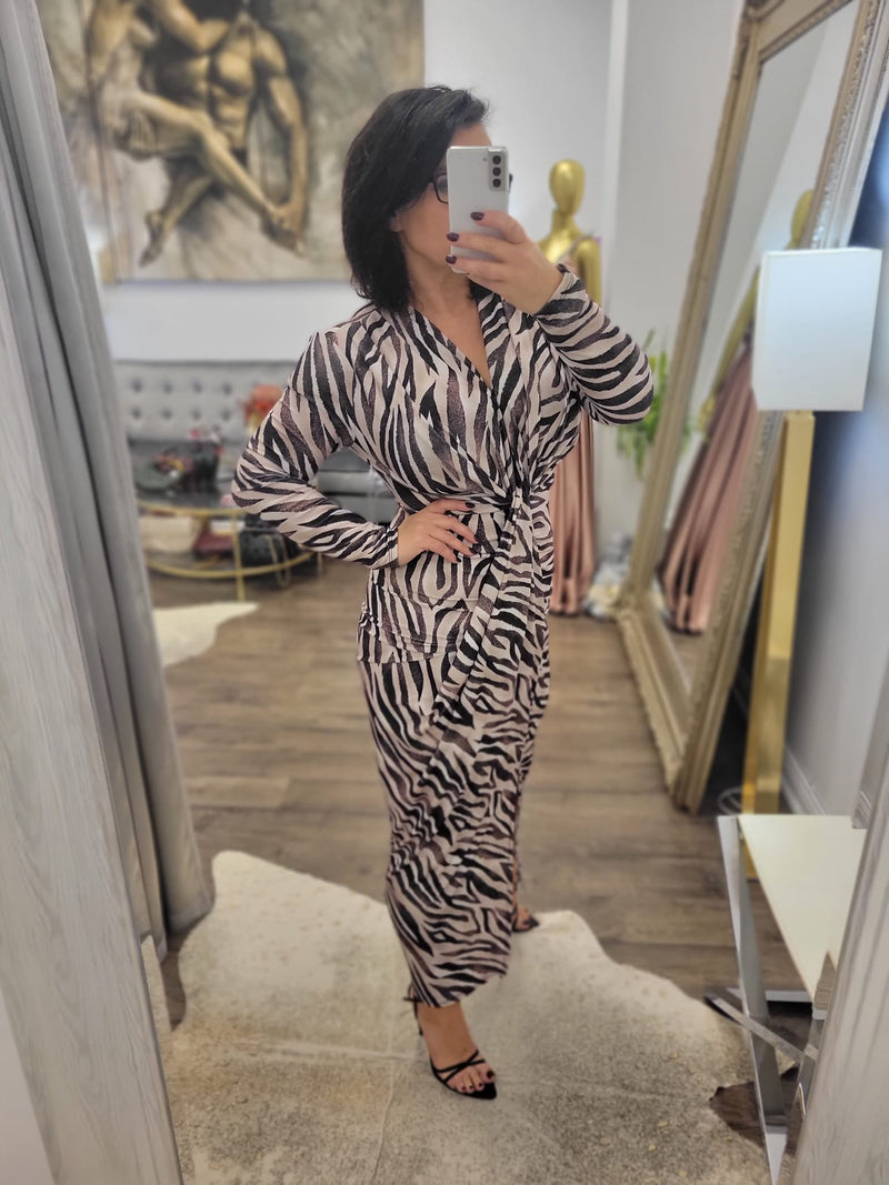 ZEBRA PRINT MIDI DRESS WITH FRONT RUSHING