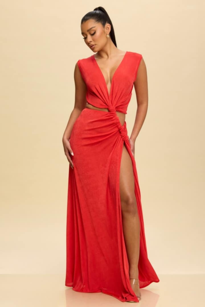 CORAL SUMMER MAXI DRESS WITH SIDE OUT