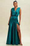 CLEARANCE - EMERALD GREEN SILKY LONG DRESS WITH SIDE SLIT