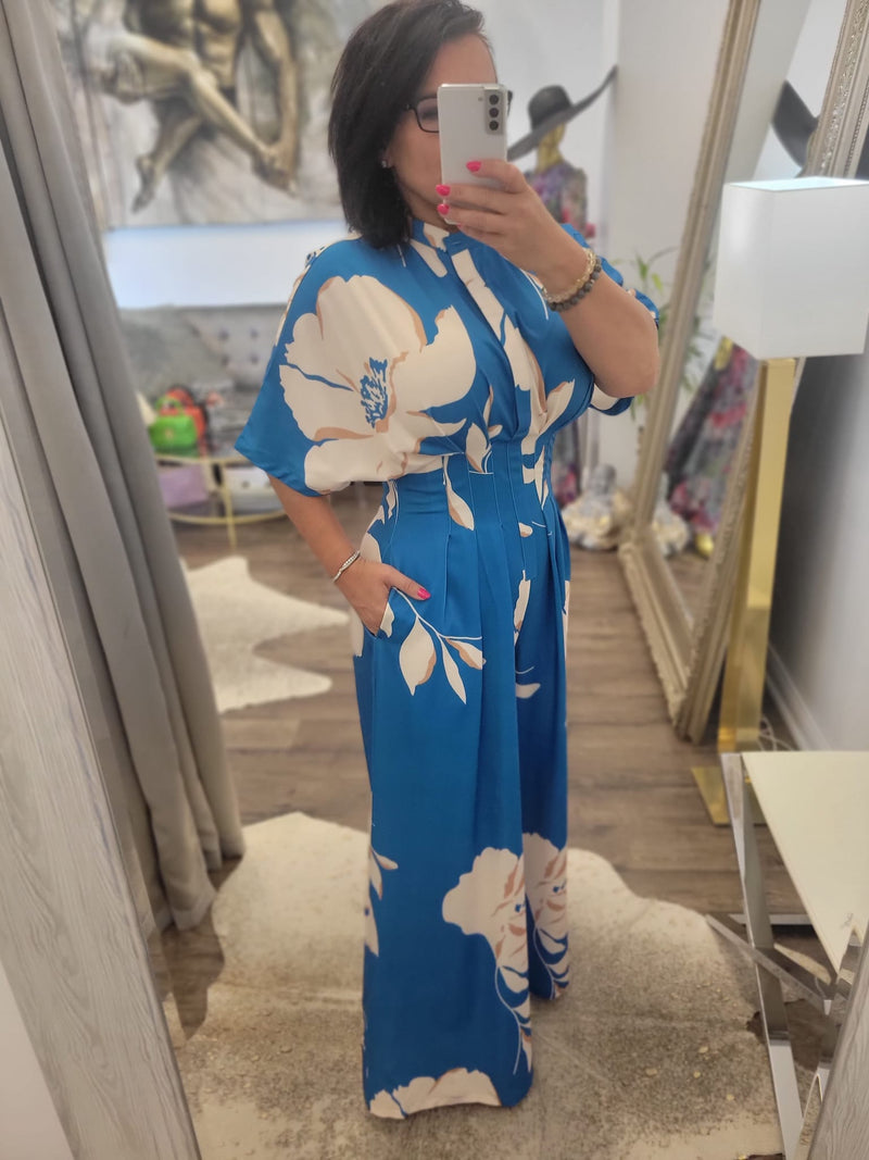 BLUE AND VANILLA FLOWERS FLAIR JUMPSUIT